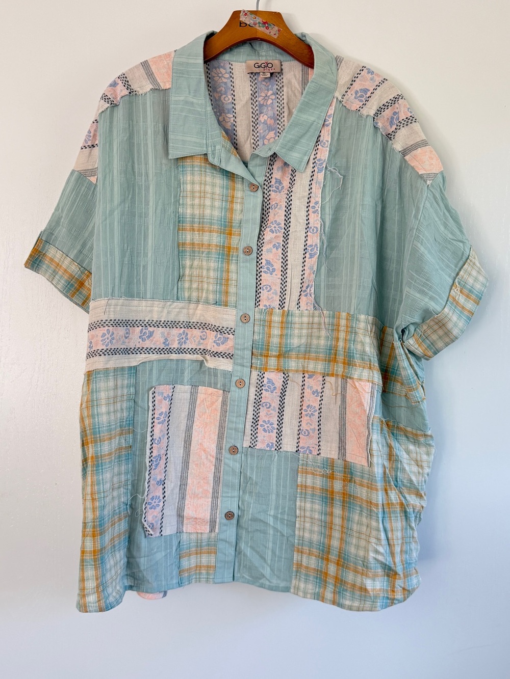Gigio Mint Patchwork Short-Sleeve Button-Up Shirt Plaid Floral Cotton XL